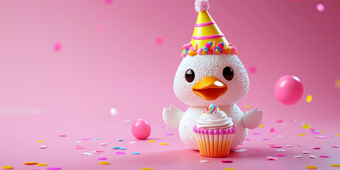 Cute duck toy with a birthday hat, holding a cupcake, generative AI