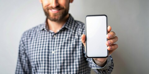 Man holding modern cell phone with white screen on background, phone, mobile, technology, communication, device, hand, holding