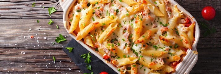 Sticker - Creamy Tuna Casserole with Penne Pasta in a Baking Dish on a Dark Wooden Surface