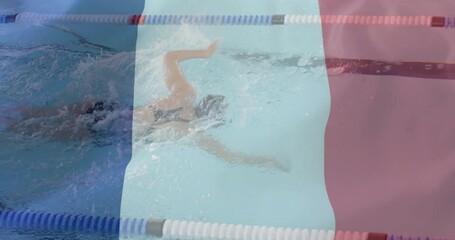 Wall Mural - Animation of flag of france over caucasian female swimmer