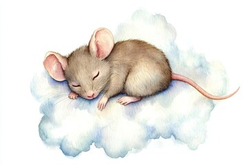 A charming watercolor illustration of a tiny mouse peacefully sleeping on a fluffy white cloud. This image evokes feelings of tranquility, innocence, and the sweet dreams of childhood.