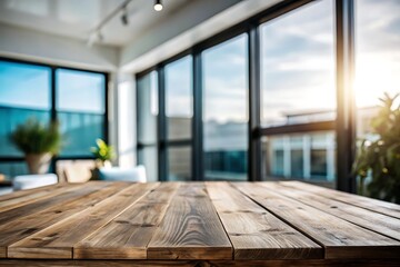 Empty wood tabletop or counter with display product with blured modern room, bokeh, indoor background. Display product background concept.