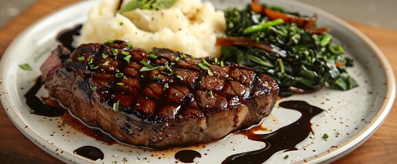 Wall Mural - A plated meal featuring steak, mashed potatoes, and saut?ed greens.