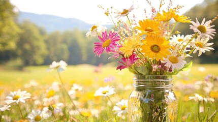 Canvas Print - Wildflowers in Glass Jar on Sunny Meadow