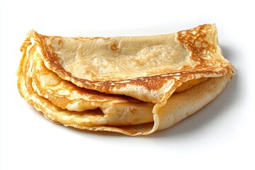 A close-up photo of two freshly made crepes, golden brown and crispy, isolated on a white background. These thin, delicate pancakes are perfect for a variety of sweet or savory fillings, and are a pop