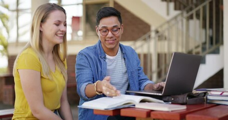 Wall Mural - Friends, studying and learning or reading books at university, college or education campus and laptop for support or teamwork. Happy woman, man or students for language, research and planning outdoor