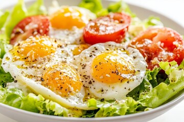 A close-up shot of a fresh and vibrant salad featuring fried eggs, juicy tomato slices, and crisp lettuce. The eggs are perfectly cooked with golden yolks and a sprinkle of black pepper. The salad is 