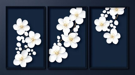 Wall Mural - White Flowers in Black Frames on Dark Blue Wall