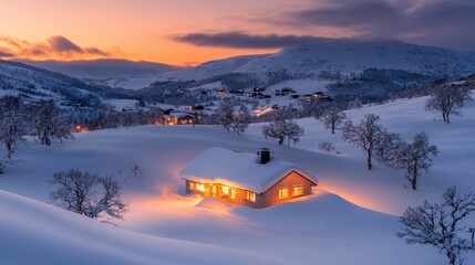 Canvas Print - Cozy Cabin in Snowy Mountain Landscape at Sunset