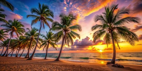 Tropical sunset beach with swaying coconut trees , sunset, tropical, beach, coconut trees, ocean, water, shoreline