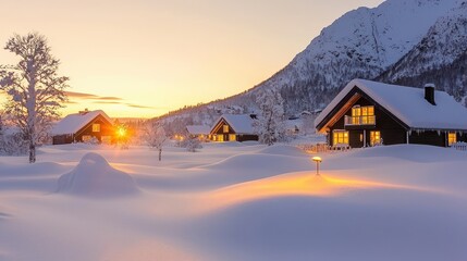 Wall Mural - Cozy Cabin Sunset in Winter Wonderland