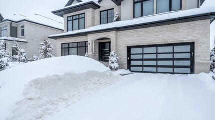 Wall Mural - Snow Covered Driveway in Front of Modern Brick House