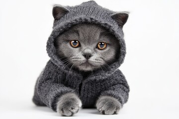 A cute British Shorthair kitten wearing a cozy gray hooded sweater, looking directly at the camera with big, curious eyes. The kitten's soft fur and sweet expression evoke feelings of warmth and affec