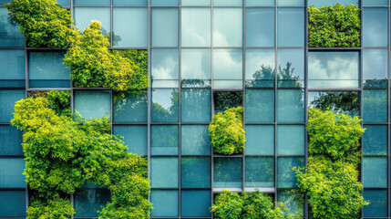 Wall Mural - A modern office building with green trees reflected