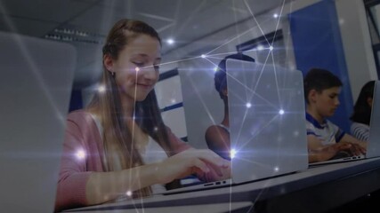Poster - Animation of network of connections over diverse schoolchildren with female teacher using laptop
