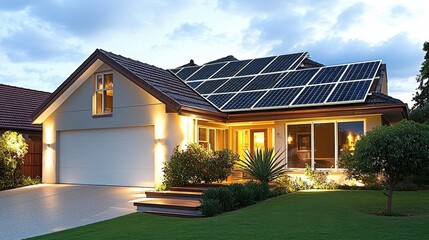 Wall Mural - Modern House with Solar Panels and Evening Lighting