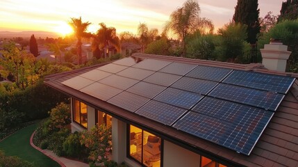 Wall Mural - Sunset over Modern Home with Solar Panels on Roof