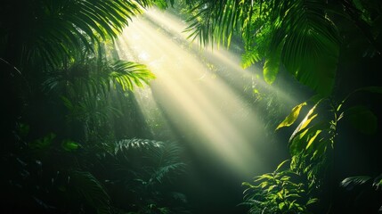 Poster - Enchanting Tropical Rainforest Sunbeams Illuminating Lush Greenery