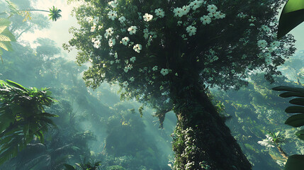 Wall Mural - A large flowering tree towering above the rest of the rainforest, showcasing the height and beauty of Amazon flora 