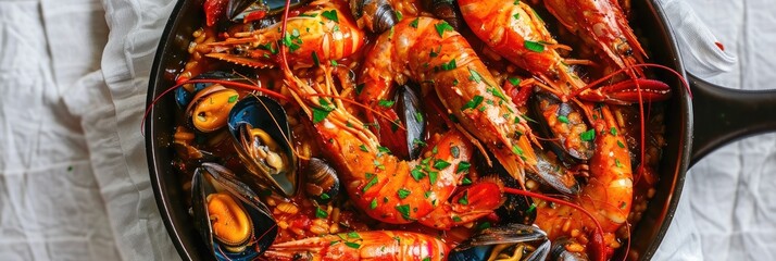 Canvas Print - Traditional Seafood Cataplana featuring Lobster, Shrimp, and Mussels Served in Specialty Cookware on a White Tablecloth