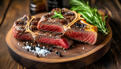 Rustic presentation of fresh raw rib-eye steak on wooden board with salt and pepper against natural wooden backdrop, top view display