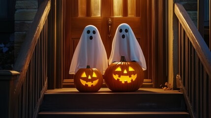 Two carved pumpkins and friendly ghosts celebrate halloween on a cozy porch at night, creating a spooky and festive atmosphere. The warm light from the jack o' lanterns adds magic to the scene