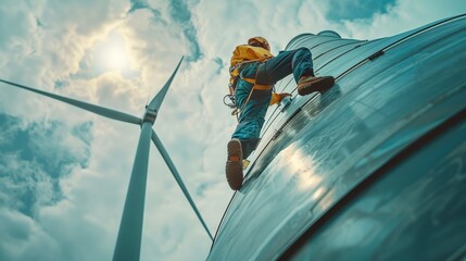 Wind turbine, technician climbing for repairs, renewable energy