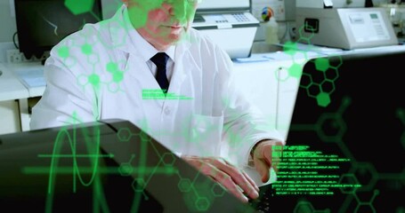 Poster - Animation of scientific data processing over caucasian male scientist in laboratory