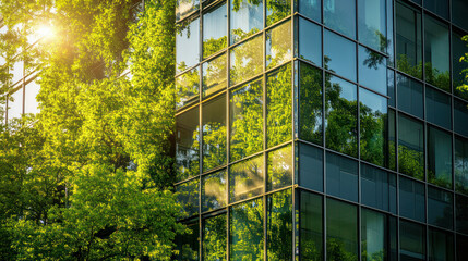 Wall Mural - A modern office building with green trees reflected