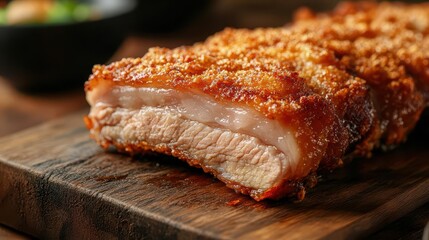 Close-up of crispy golden pork belly slices on a rustic wooden board, with crunchy skin and juicy interior highlighted, crispy fried pork belly, gourmet dish, comfort food