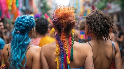 Back View of Three Women with Colorful Hair at a Festival