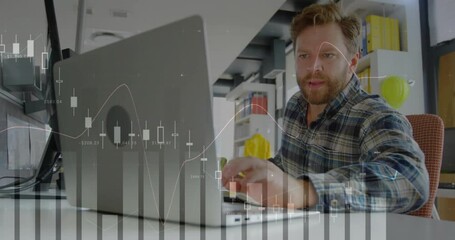 Poster - Animation of financial data processing over caucasian businessman using laptop in office