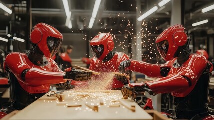 Canvas Print - Red Robots Working with Sparks in a Workshop