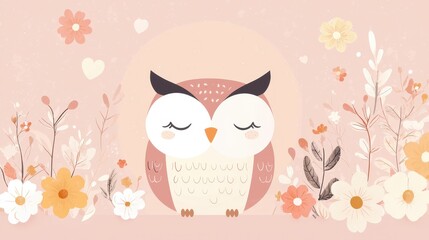 Sticker - Cute Cartoon Owl with Flowers and Hearts Illustration