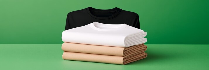 Wall Mural - A stack of three blank t-shirts, one black, one white, and one beige, neatly folded and ready for customization. Perfect for showcasing your brand or design.