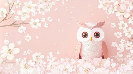 Wall Mural - Cute Owl in Pink Floral Background