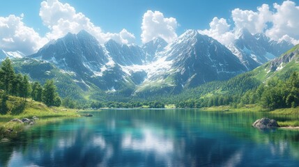 Sticker - Serene mountain landscape with a clear lake and lush greenery.