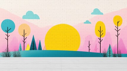 Wall Mural - Colorful Abstract Wall Mural with Sun  Clouds and Trees