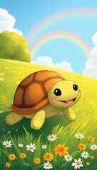 cheerful cartoon turtle with a patterned shell, crawling on lush grass dotted with wildflowers, under the gentle arch of a rainbow in the sky.