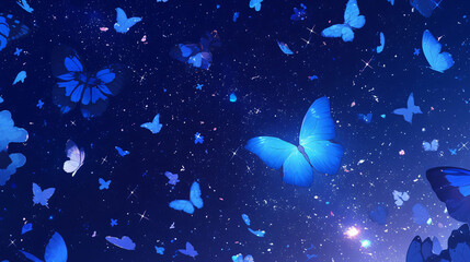 Poster - An enchanting illustration of vibrant blue butterflies floating in a starry night sky, creating a magical and serene visual.