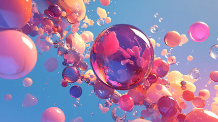 Poster - An abstract illustration of colorful bubbles floating in a dreamy blue background, creating a captivating and vibrant visual experience.