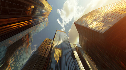 Poster - A stunning view of skyscrapers from below, showcasing their reflective glass facades illuminated by the warm hues of sunset against a picturesque sky.