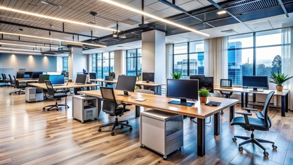 Business scene in an office setting at an IT company, showcasing digital network infrastructure and office work activities
