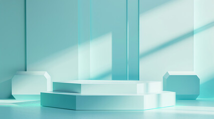Poster - A minimalist interior scene featuring geometric shapes and soft light in soothing teal tones, emphasizing modern design principles.