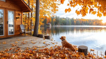 Poster - Golden Retriever Dog on Deck with Fall Foliage and Lake View