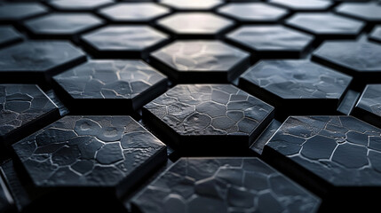 Poster - A close-up of hexagonal textured tiles with a dark, glossy finish, highlighting modern design elements suitable for various applications.