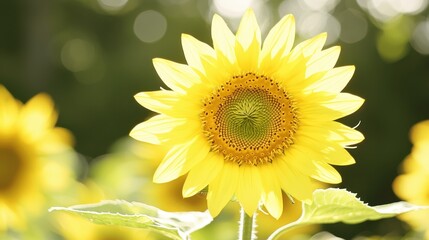 Poster - Close Up of a Single Bright Yellow Sunflower with Blurred Green Background