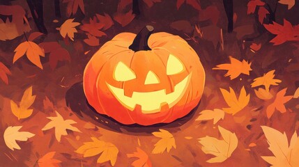 Poster - A whimsical Halloween pumpkin glows brightly amidst autumn leaves, creating a cheerful yet spooky fall scene.