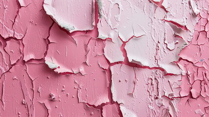 A close-up of cracked pink paint on a surface, showcasing a textured and aged appearance that highlights the beauty of decay and color.