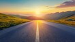 © Mitzuha - Endless Mountain Road, a serene stretch of pavement leads to the horizon under a vibrant summer sunset, surrounded by lush greenery and distant peaks.